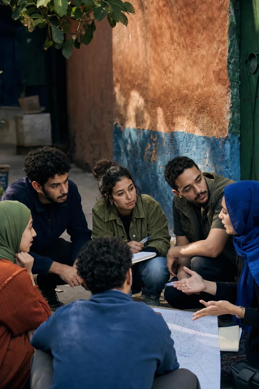Des étudiants marocains échangent autour d’une carte de quartier