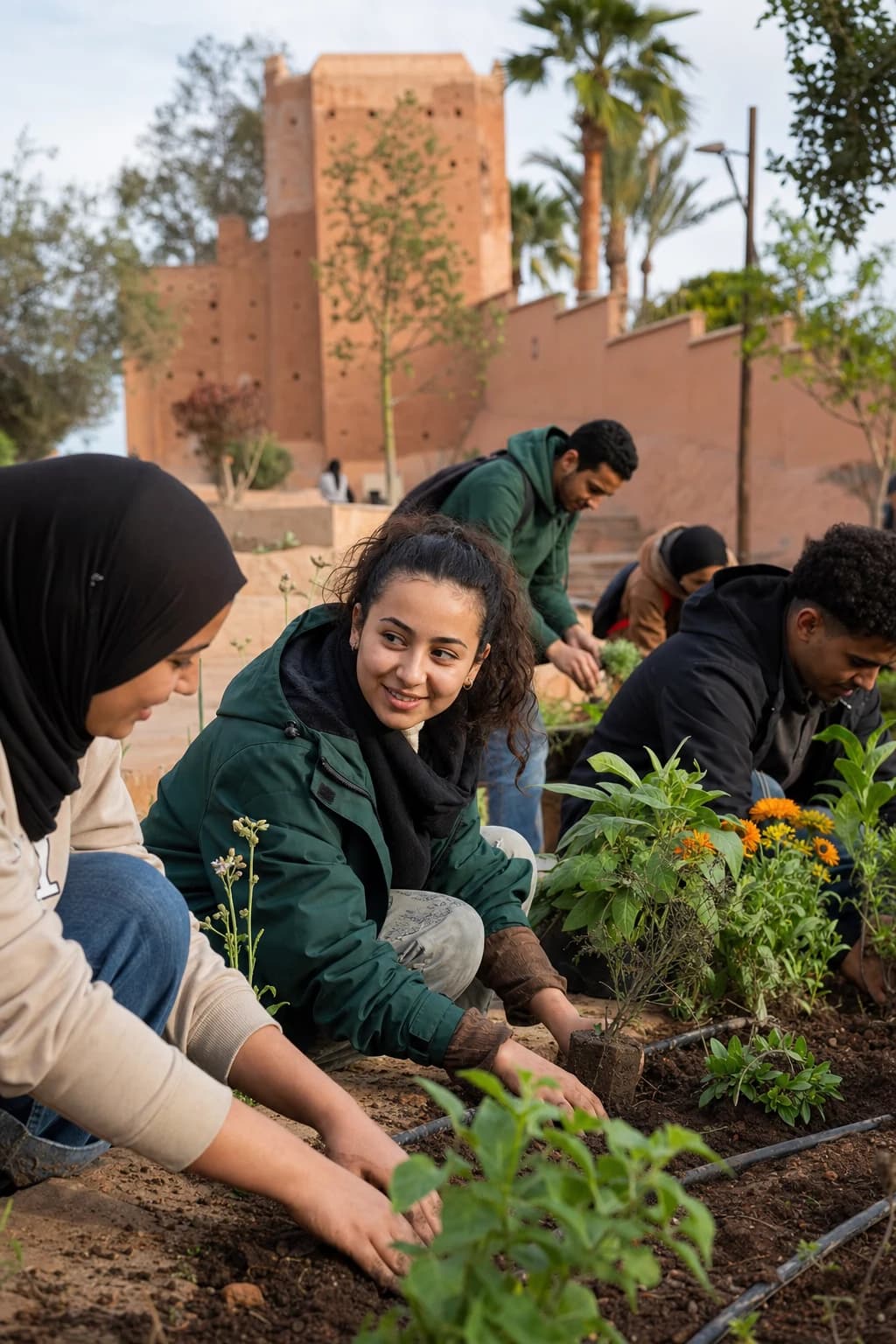 Des jeunes volontaires réunis dans un espace public marocain